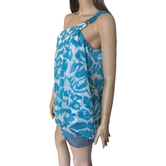 LE Chateau Flowy Chiffon One Shoulder Blouse with simulated turquoise stone - Picture 3 of 12